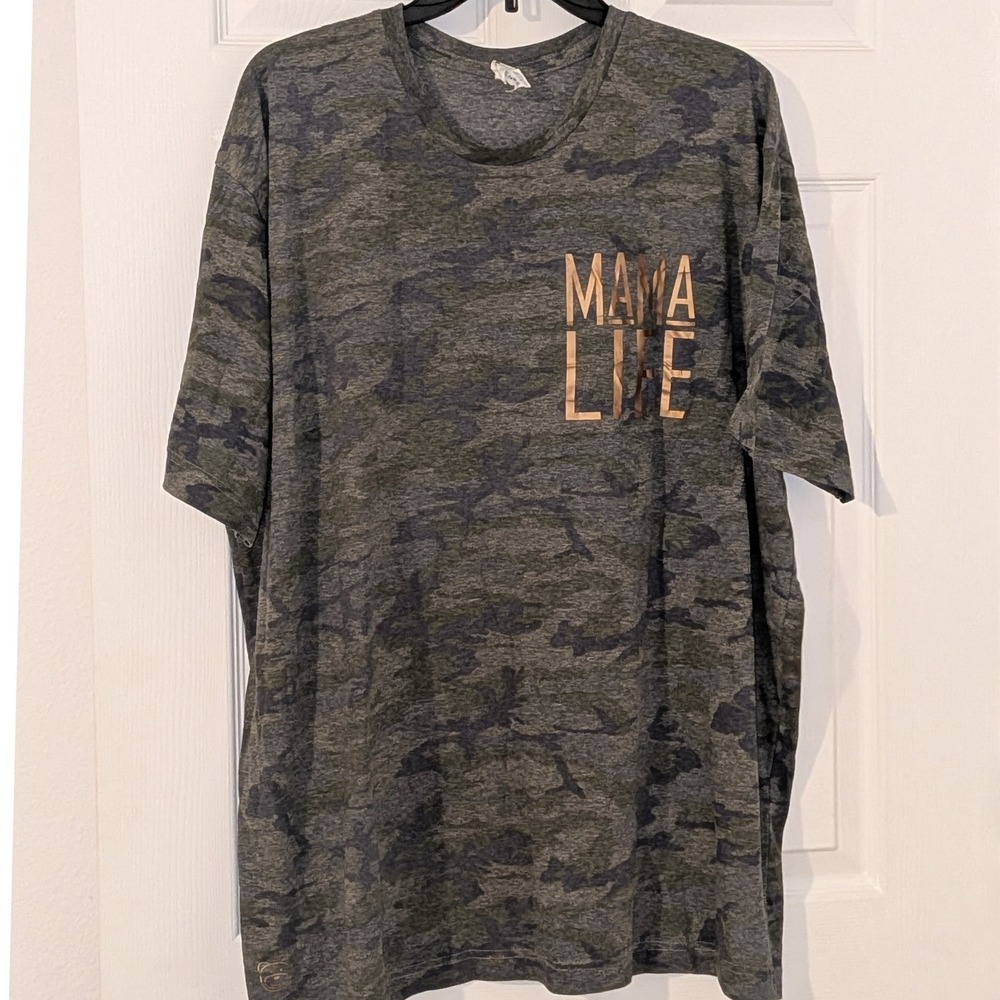 LAT Apparel Mama Life Camo Graphic T-Shirt Green Grey Metallic Copper XL